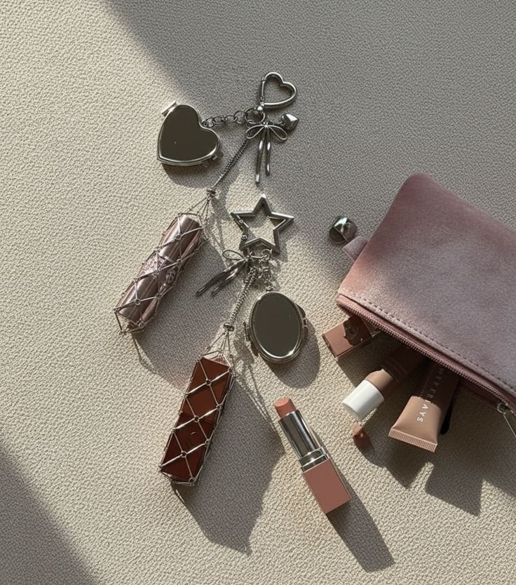 Lipgloss / Lipstick Holder Oval Mirror & Bag Charm Silver - Image 3