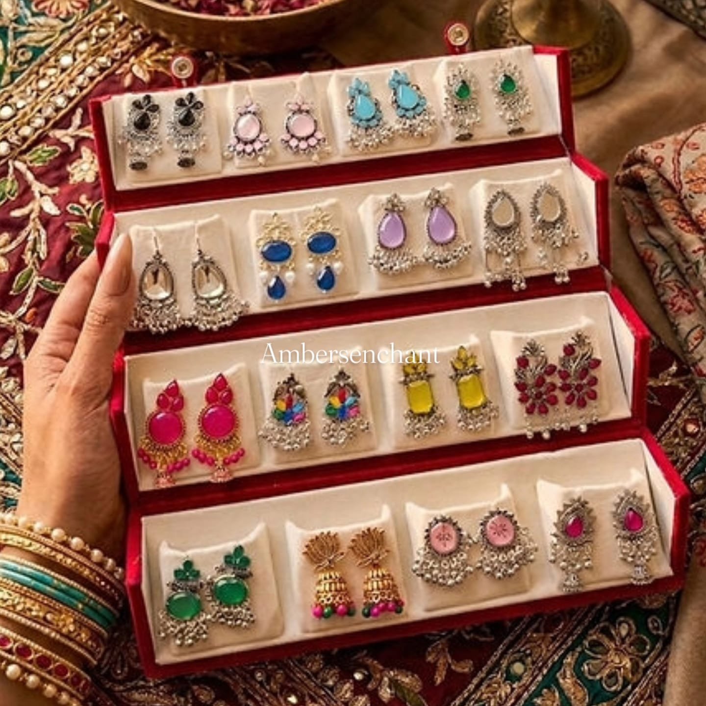 Multicolor Stone Oxidized Silver Earring Collection Box ( Set of 16 )