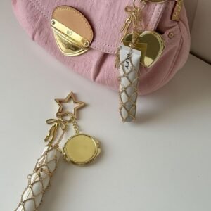 Lipgloss / Lipstick Holder & Heart Mirror Bag Charm Gold